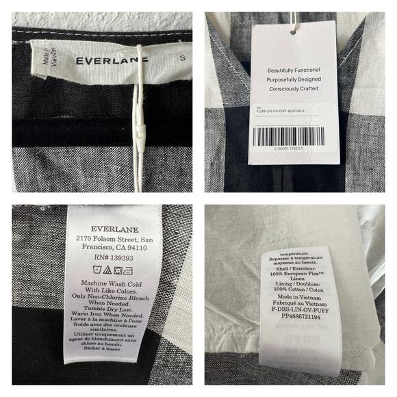 Everlane Linen Oversized Puff Sleeve Check Pattern Midi Dress Size S - Picture 8 of 13